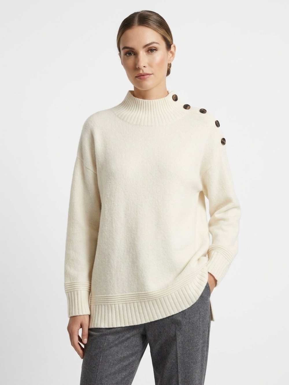 By Anthropologie cozy essential ribbed mock neck button shoulder knit sweater XL